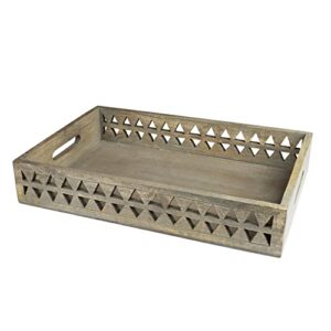 gocraft handmade wooden lattice tray with handles | decorative serving trays for breakfast in bed, ottoman, coffee table, tea party | grey washed finish, geometric design (15" x 10")