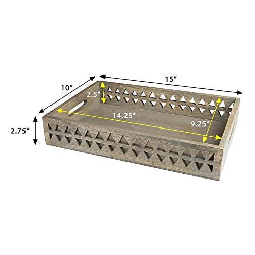 GoCraft Handmade Wooden Lattice Tray with Handles | Decorative Serving Trays for Breakfast in Bed, Ottoman, Coffee Table, Tea Party | Grey Washed Finish, Geometric Design (15" X 10")