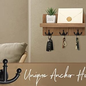 Rebee Vision Farmhouse Key Holder for Wall with Shelf: Decorative Mail Organizer and Key Rack Wall Mount with 3 Anchor Hooks - Rustic Entryway Decor (Retro Brown)