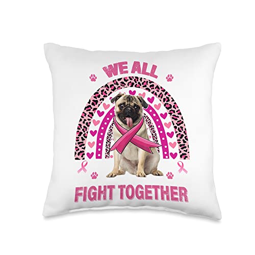 Visit Pug Lovers Store We All Fight Together Breast Cancer Pink Rainbow Pug Dog Throw Pillow, 16x16, Multicolor