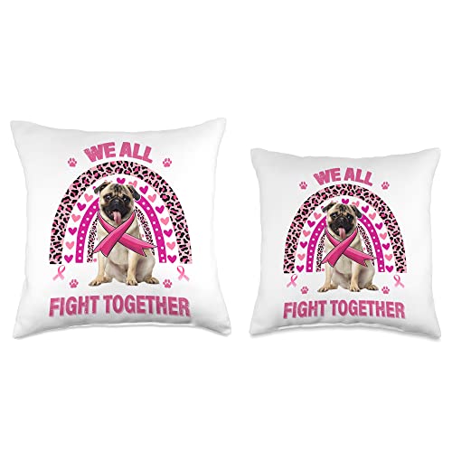 Visit Pug Lovers Store We All Fight Together Breast Cancer Pink Rainbow Pug Dog Throw Pillow, 16x16, Multicolor