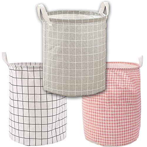 COTTNY Laundry Basket Cotton Collapsible Organizer Basket, 3pcs Waterproof Round Storage Bin with Handles, 12.9"x12.9"x16.9" Storage Baskets for Home, Office, Toy Household Organizer, Grey+White+Pink