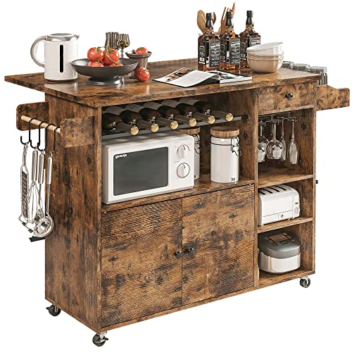 IRONCK Rolling Kitchen Island Cart with Drop-Leaf and Wine Rack, Microwave Rack Serving Cart on Wheels with Drawer & Shelves & Spice Rack & Cup Hanging, Vintage Brown