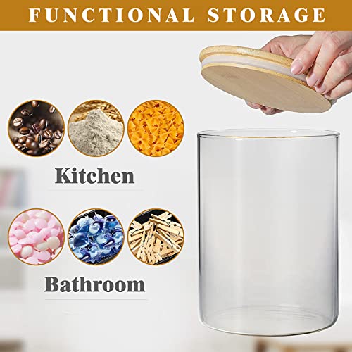 Laundry Pods Holder Container, 3Qt Big Glass Storage Container with Wood Lid, Stackable Large Clear Glass Jar Organizer Canister for Laundry Room Holds 81 Laundry Pods, 4 Label Sticker