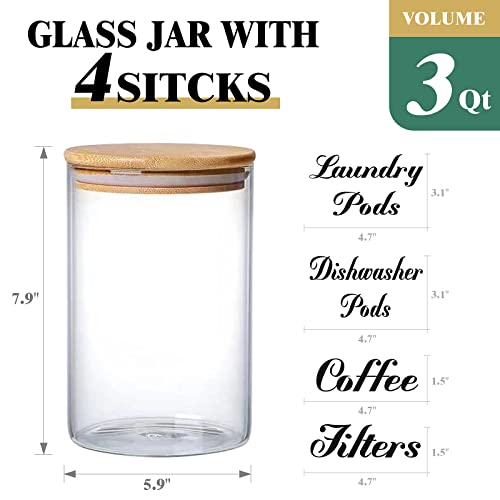 Laundry Pods Holder Container, 3Qt Big Glass Storage Container with Wood Lid, Stackable Large Clear Glass Jar Organizer Canister for Laundry Room Holds 81 Laundry Pods, 4 Label Sticker