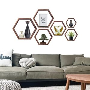 6 piece - hexagon shelves set | honeycomb floating wooden shelves | great hanging shelf option for home or office wall decor - dark brown