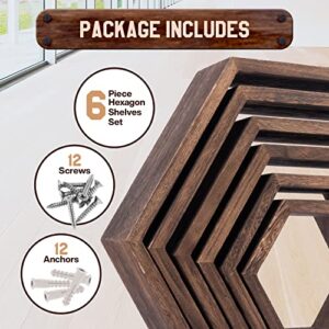 6 Piece - Hexagon Shelves Set | Honeycomb Floating Wooden Shelves | Great Hanging Shelf Option for Home or Office Wall Decor - Dark Brown