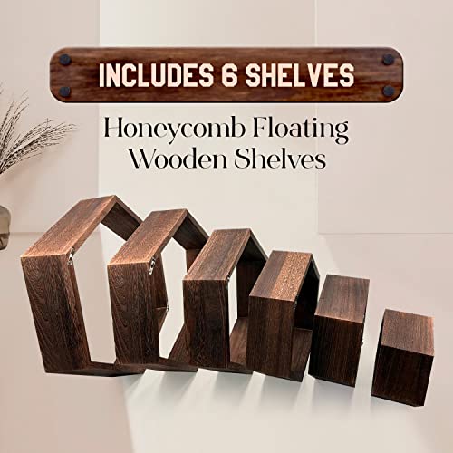 6 Piece - Hexagon Shelves Set | Honeycomb Floating Wooden Shelves | Great Hanging Shelf Option for Home or Office Wall Decor - Dark Brown