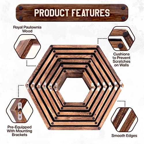 6 Piece - Hexagon Shelves Set | Honeycomb Floating Wooden Shelves | Great Hanging Shelf Option for Home or Office Wall Decor - Dark Brown