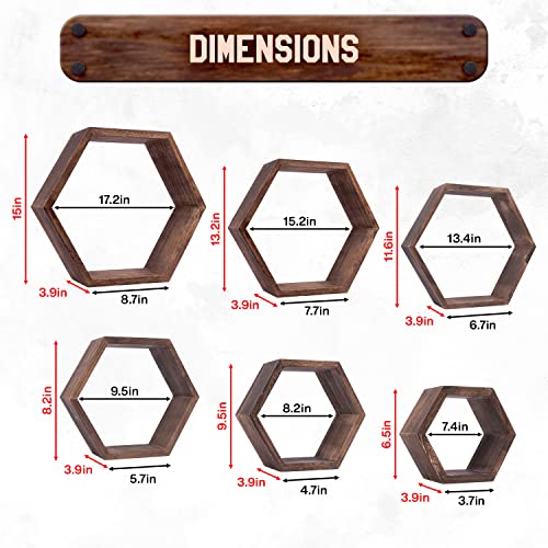 6 Piece - Hexagon Shelves Set | Honeycomb Floating Wooden Shelves | Great Hanging Shelf Option for Home or Office Wall Decor - Dark Brown