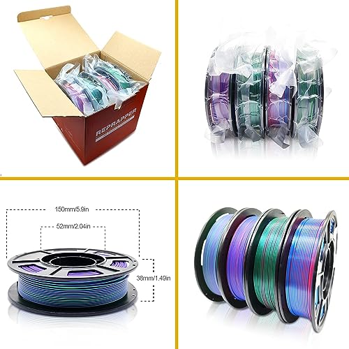 Reprapper 4X 250g Color Pack, Dual Color Filament Coextrusion PLA Filament 1.75mm for 3D Printer & 3D Pen, 4 x 250g Spools Matte Red/Blue, Matte Purple/Green, Silk Red/Blue, Silk Purple/Green