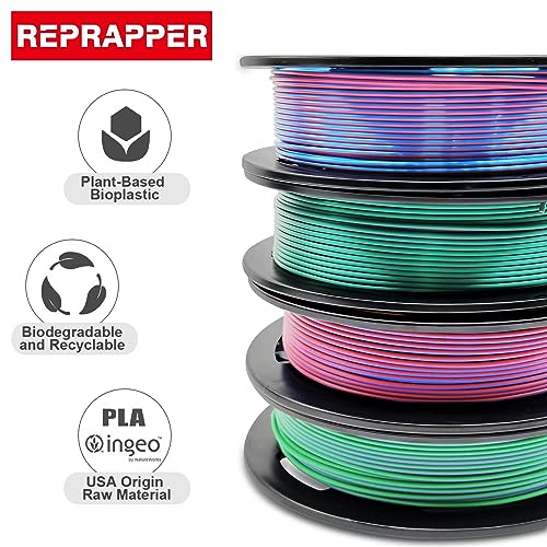 Reprapper 4X 250g Color Pack, Dual Color Filament Coextrusion PLA Filament 1.75mm for 3D Printer & 3D Pen, 4 x 250g Spools Matte Red/Blue, Matte Purple/Green, Silk Red/Blue, Silk Purple/Green