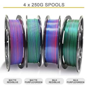 Reprapper 4X 250g Color Pack, Dual Color Filament Coextrusion PLA Filament 1.75mm for 3D Printer & 3D Pen, 4 x 250g Spools Matte Red/Blue, Matte Purple/Green, Silk Red/Blue, Silk Purple/Green