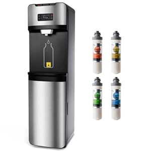 ispring ds4s bottleless water dispenser, self cleaning, hot, cold, and room temperature settings, stainless steel, free-standing filtered water cooler dispenser with built-in 4-stage filtration system