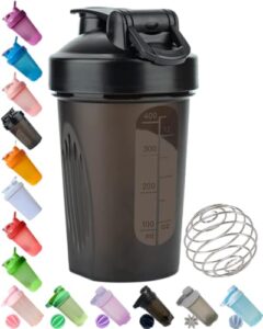 ebat shaker bottle in dark black (lid & body)w. classic loop hook & measurement marks of 12 oz/400 ml,a small stainless whisk blender ball - anti-slip,bpa free,pp5 certified,leak proof,dishwasher safe