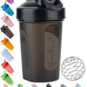 EBAT Shaker Bottle in Dark Black (Lid & Body)w. Classic Loop Hook & Measurement Marks of 12 Oz/400 ML,A Small Stainless Whisk Blender Ball - Anti-Slip,BPA Free,PP5 Certified,Leak Proof,Dishwasher Safe