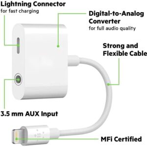 [Apple MFi Certified] iPhone Headphone Adapter, 2 Pack 2 in 1 Lightning to 3.5mm Aux Audio and Charge Jack Adapter Splitter Dongle for iPhone 14 13 12 11 Pro Max XS XR X 8 7 6 iPad, Support iOS 16