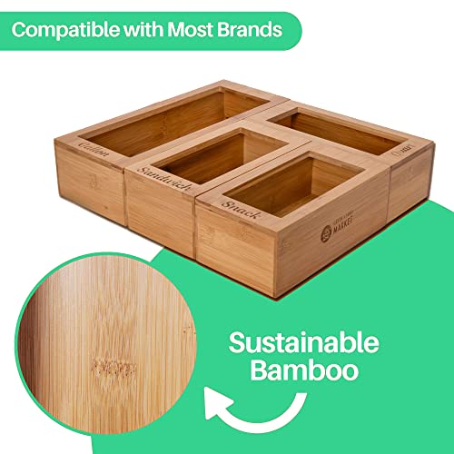 Green Stand Market - Ziplock Bag Organizer for Drawer - 4 Piece - Large Quart Size - Kitchen Drawer Organizer Compatible with Most Brands & Sizes - Wooden Ziplock Bag Organizer for Drawer