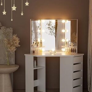 Likein Corner Makeup Vanity Desk with Mirror and Lights, Bedroom Vanity Table with Lighted Mirror 5 Drawers and Storage Shelf for Women Girls White