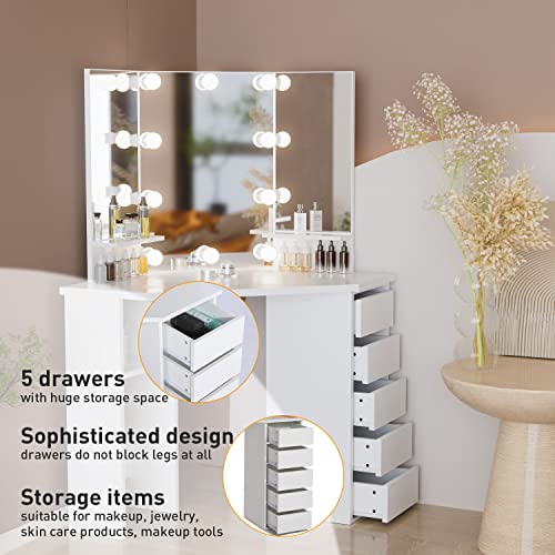 Likein Corner Makeup Vanity Desk with Mirror and Lights, Bedroom Vanity Table with Lighted Mirror 5 Drawers and Storage Shelf for Women Girls White