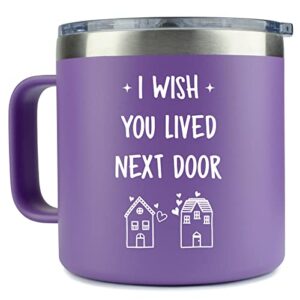 klubi best friend gift women - “i wish you lived next door” 14oz purple tumbler mug - cute idea for friendship, long distance, bestie, birthday, present, female, hostess, bff