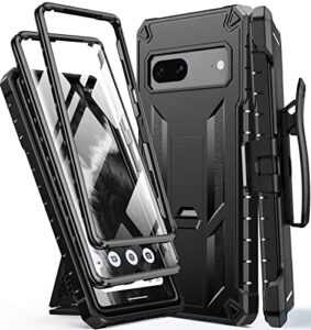 fntcase for google pixel 7 case: built-in screen protector & kickstand | extra front frame | full-body dual layer rugged belt-clip holster | military shockproof cell phone protective cover 5g - black