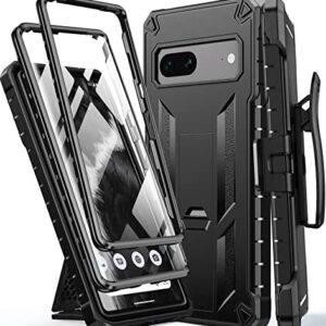 FNTCASE for Google Pixel 7 Case: Built-in Screen Protector & Kickstand | Extra Front Frame | Full-Body Dual Layer Rugged Belt-Clip Holster | Military Shockproof Cell Phone Protective Cover 5G - Black