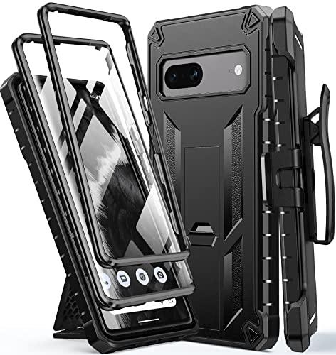 FNTCASE for Google Pixel 7 Case: Built-in Screen Protector & Kickstand | Extra Front Frame | Full-Body Dual Layer Rugged Belt-Clip Holster | Military Shockproof Cell Phone Protective Cover 5G - Black