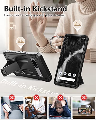 FNTCASE for Google Pixel 7 Case: Built-in Screen Protector & Kickstand | Extra Front Frame | Full-Body Dual Layer Rugged Belt-Clip Holster | Military Shockproof Cell Phone Protective Cover 5G - Black