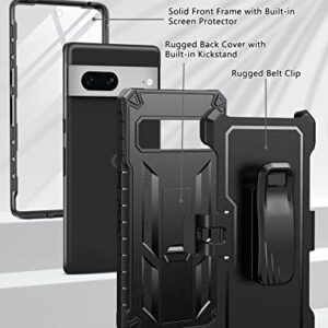 FNTCASE for Google Pixel 7 Case: Built-in Screen Protector & Kickstand | Extra Front Frame | Full-Body Dual Layer Rugged Belt-Clip Holster | Military Shockproof Cell Phone Protective Cover 5G - Black