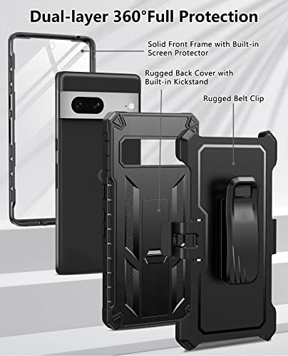 FNTCASE for Google Pixel 7 Case: Built-in Screen Protector & Kickstand | Extra Front Frame | Full-Body Dual Layer Rugged Belt-Clip Holster | Military Shockproof Cell Phone Protective Cover 5G - Black