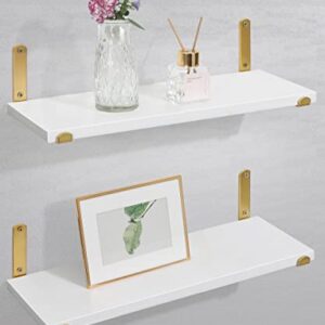 Afuly Gold Floating Shelves White Shelves for Wall, Wall Mounted Shelves for Bedroom Bathroom Living Room, Floating Book Shelves Wall Display Shelves Wood, Set of 2