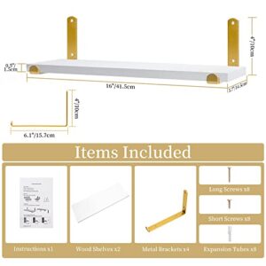 Afuly Gold Floating Shelves White Shelves for Wall, Wall Mounted Shelves for Bedroom Bathroom Living Room, Floating Book Shelves Wall Display Shelves Wood, Set of 2