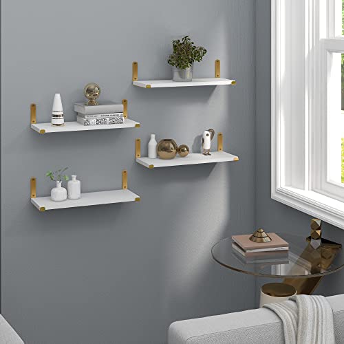 Afuly Gold Floating Shelves White Shelves for Wall, Wall Mounted Shelves for Bedroom Bathroom Living Room, Floating Book Shelves Wall Display Shelves Wood, Set of 2