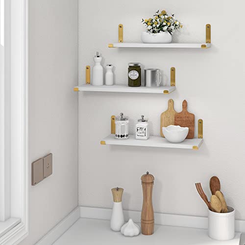 Afuly Gold Floating Shelves White Shelves for Wall, Wall Mounted Shelves for Bedroom Bathroom Living Room, Floating Book Shelves Wall Display Shelves Wood, Set of 2