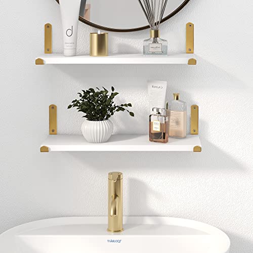 Afuly Gold Floating Shelves White Shelves for Wall, Wall Mounted Shelves for Bedroom Bathroom Living Room, Floating Book Shelves Wall Display Shelves Wood, Set of 2