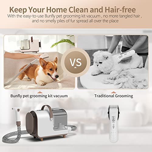 Bunfly Pet Clipper Grooming Kit & Vacuum Suction 99% Pet Hair, 7 Pet Grooming Tools, 3L Large Capacity Easy Clean Dust Cup for Pet Hair, Home Cleaning（Brown）