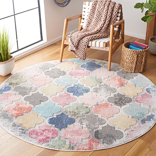 Safavieh Phoenix Collection 6'7" Round Blue/Red PHX531D Boho Trellis Non-Shedding Area Rug