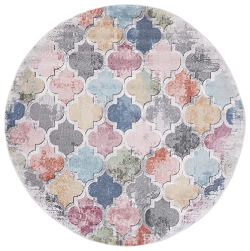 Safavieh Phoenix Collection 6'7" Round Blue/Red PHX531D Boho Trellis Non-Shedding Area Rug