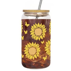 lvoetgif sunflower gifts for women, iced coffee glass with bamboo lids and straw, beer can shaped drinking glass cup, inspirational birthday sunshine christmas gifts for mom, best friend, wife