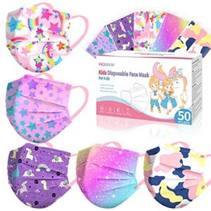 kids disposable face masks girls - 50 pack kids mask disposable children small size unicorn face mask 3 ply cubrebocas para niños individually wrapped