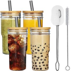 alink 4-pack glass cups with bamboo lids and straws, 22oz mason jar glass tumbler, reusable boba cups, iced coffee drinking glasses for bubble tea, smoothies, juice - 2 cleaning brush