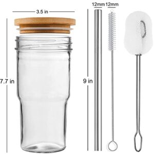 ALINK 4-Pack Glass Cups with Bamboo Lids and Straws, 22oz Mason Jar Glass Tumbler, Reusable Boba Cups, Iced Coffee Drinking Glasses for Bubble Tea, Smoothies, Juice - 2 Cleaning Brush