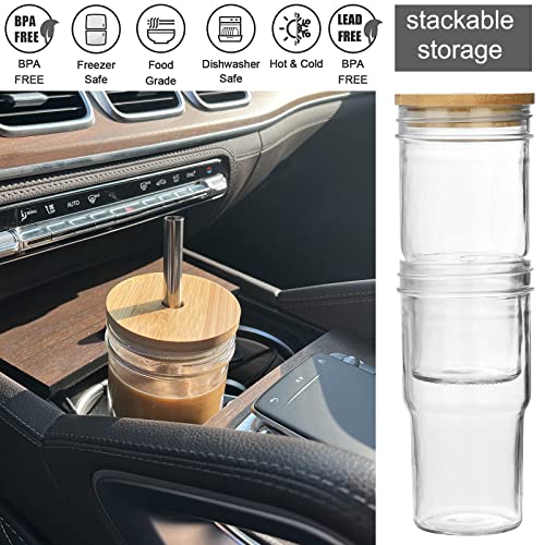 ALINK 4-Pack Glass Cups with Bamboo Lids and Straws, 22oz Mason Jar Glass Tumbler, Reusable Boba Cups, Iced Coffee Drinking Glasses for Bubble Tea, Smoothies, Juice - 2 Cleaning Brush