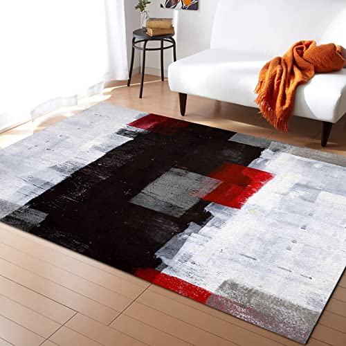 Red Black Geometric Abstract Pattern Area Rug, Modern European Retro Graffiti Large Washable Rugs, Indoor Non-Slip Rug for Room Sofa Living Room Mat Bedroom Home Decor Floor Mats-5x3.3ft