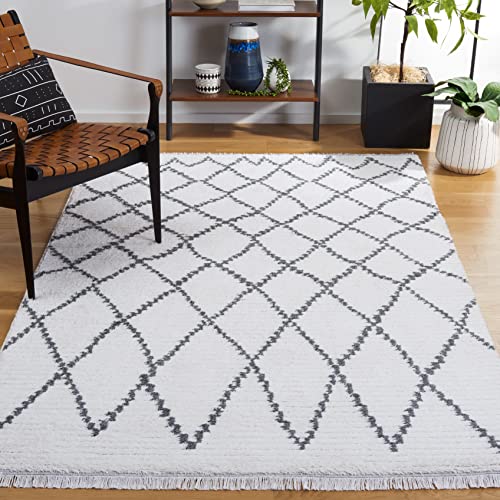 Safavieh Augustine Collection Area Rug - 8' x 10', Ivory & Grey, Moroccan Boho Trellis Fringe Design, Non-Shedding & Easy Care, Ideal for High Traffic Areas in Living Room, Bedroom (AGT850F)