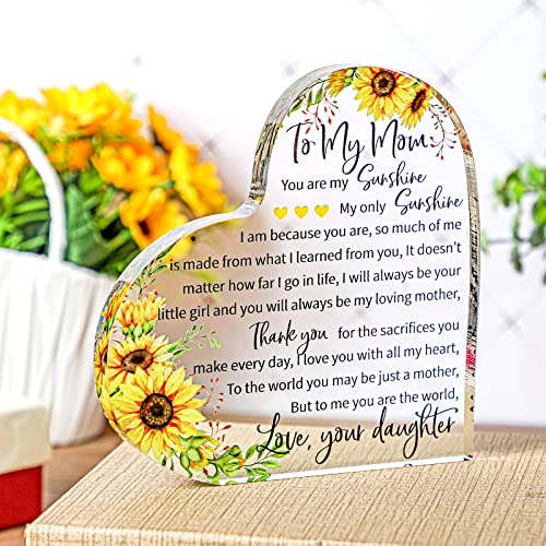 Mom Gift Mother in Law Gift Bonus Mom Gift to My Mom Acrylic Heart Sunflower Mothers Plaque Gifts Grateful Birthday Gifts for Mom Acrylic Best Mom Sign Acrylic Heart Sign from Daughter