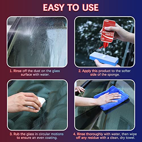 Car Glass Cleaner with Sponge, Car Glass Oil Film Cleaner, Glass Cleaner for Auto and Home Eliminates Coatings, Bird Droppings, and Water Spots, Quick and Easy Solution to Restore Glass to Clear(150g)