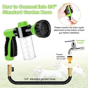 Pup Jet Dog Wash 7 Pieces Pet Bathing Tool Set Include Hose Nozzle Foam Sprayer with Connectors, Dog Rubber Comb Brush and Wash Mitt, for Showering Pet, Car Wash and Watering Plants Green