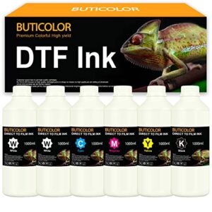 buticolor dtf ink 1000ml* 6 value pack, water-base digital inkjet ink refill for direct to film printers with printhead l1800 l805 r1390 4720 i3200 xp600 dx7 dx5 5113(2w+1bk+1c+1m+1y